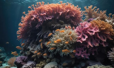 Obraz premium A group of small fish hiding behind a large anemone in the depths of the coral reef, coral reef, small fish