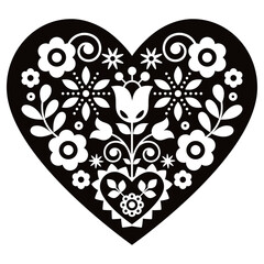 Polish cute floral folk art vector heart design with flowers perfect for Valentine's Day greeting card or wedding invitation - black and white pattern
	