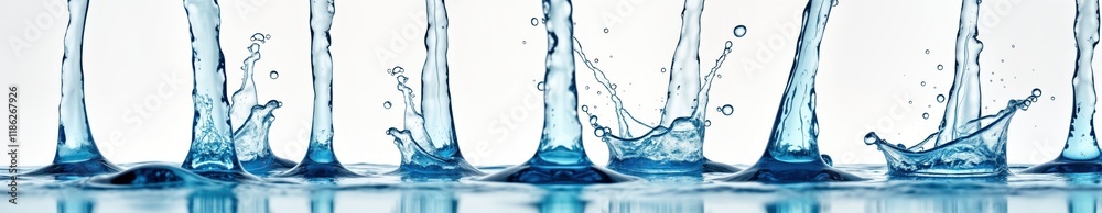 Poster clean blue water pouring down from height. water splash show dynamic motion. isolated white backgrou