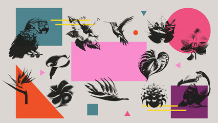 Vibrant Tropical Collage with Exotic Birds, Flowers, and Geometric Shapes in Noisy Grainy Photocopy Effect, Retro Vintage Aesthetic Design