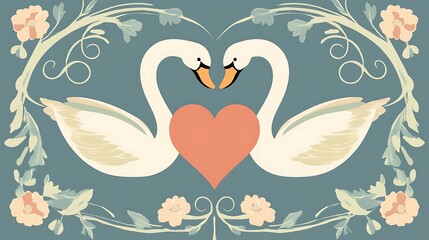 Obraz premium Two Swans Heart Flowers Floral Design