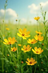 Obraz premium Yellow cosmos flowers in a field of tall grasses and wildflowers, field, yellow, flowers