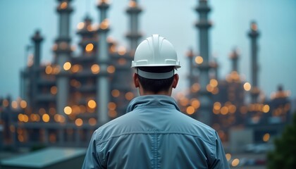 Engineer observes oil refinery complex. Industrial worker in front of blurred production plant. Power industry concept. Modern tech, production. Professional person in protective wear. Focused on