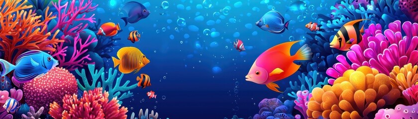 Fototapeta premium Seamless pattern of tropical fish, coral, and sea anemones in vibrant colors for underwater-themed designs