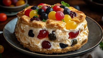 Delicious Creamy Cake Topped With Colorful Fruit And Berries