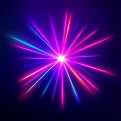 A vibrant burst of colorful rays in shades of pink, blue, and purple emanating from a central point against a dark background.