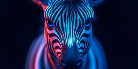 A dramatic close-up of a zebra with piercing blue eyes and sharp stripes, symbolizing wild beauty.
