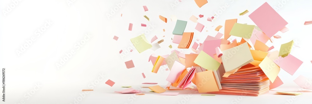 Poster Colorful sticky notes bursting upward from a tidy stack create a lively and energetic scene, set against a pristine white backdrop that enhances the vibrant display