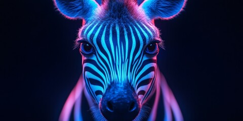 A dramatic close-up of a zebra with piercing blue eyes and sharp stripes, symbolizing wild beauty.