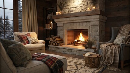 A glowing fireplace surrounded by plush furniture and pillows creating a warm and cozy ambiance, glowing nightfall, , relaxing space