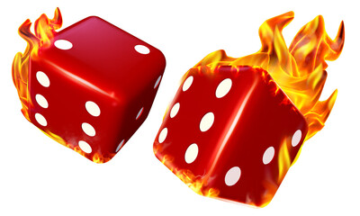 3D illustration featuring two red dice engulfed in flames, representing high-stakes gambling. 