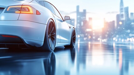 White Electric Car with Modern City Skyline Background, Bokeh Effects, and Copy Space