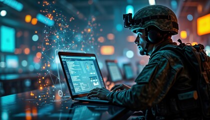 Soldier uses laptop to control drone swarm in tactical mission. Modern tech for surveillance, reconnaissance. Military personnel commands aerial drone swarm. Advanced tech for strategic warfare.
