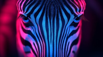 A dramatic close-up of a zebra with piercing blue eyes and sharp stripes, symbolizing wild beauty.