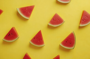 Brightly colored slices of watermelon are scattered across a vibrant yellow background, showcasing a delightful summer treat perfect for warm days and gatherings