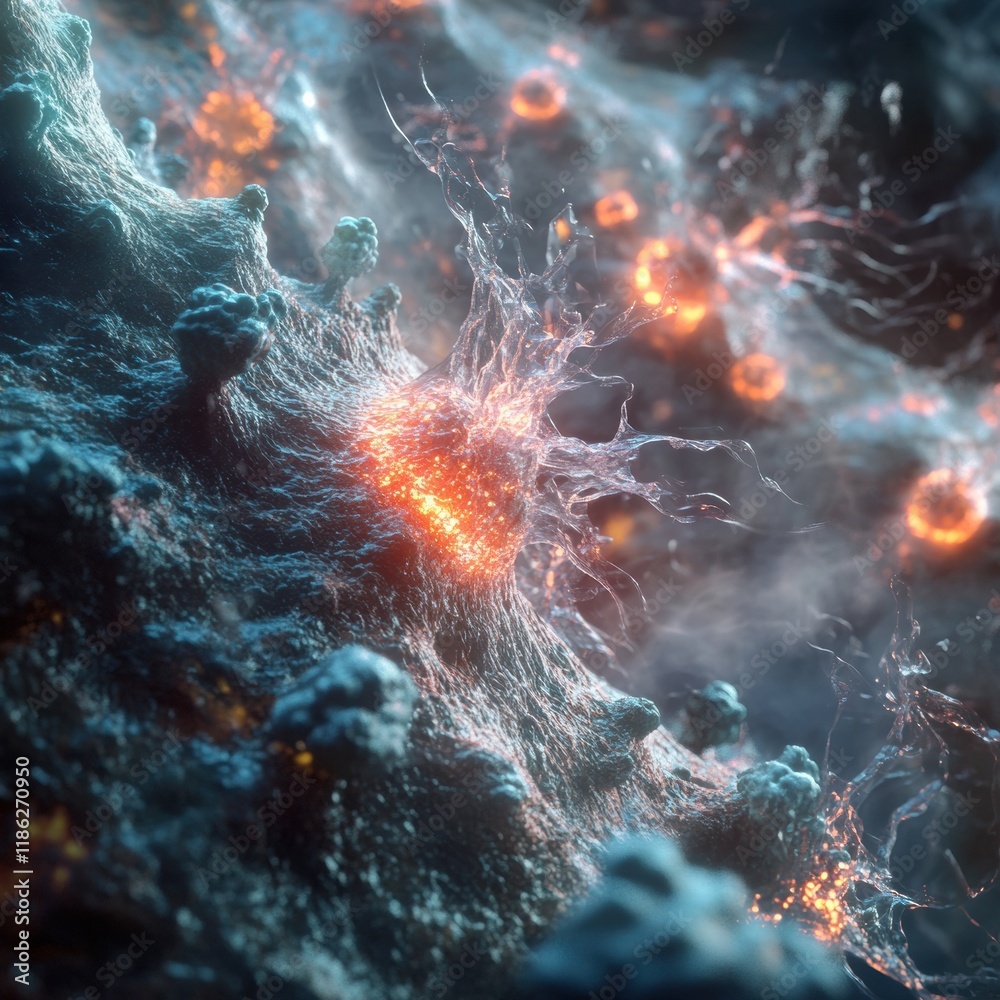 Poster Glowing edges highlight cancer cells in microscopic view showcasing cellular activity and structure. Generative AI