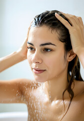 The image shows a close-up of a woman taking a shower. The photo captures the moment when the water falls on her body and hair, which is wet. The woman has her hands up, washing or fixing her hair.