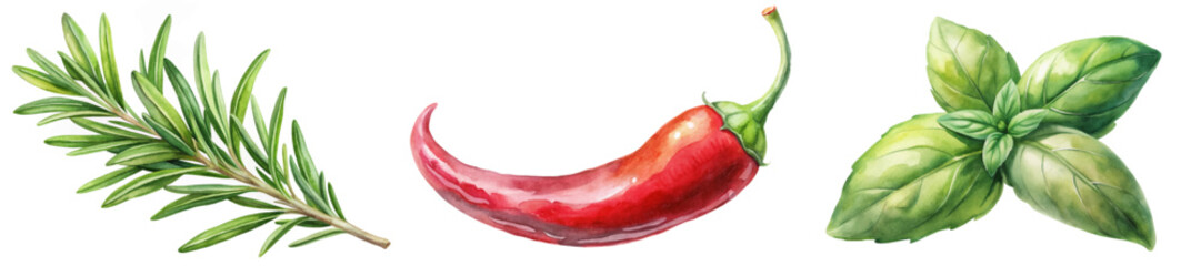 Fresh herbs illustration, vibrant watercolor style, culinary ingredients, rosemary, chili pepper, basil leaves.