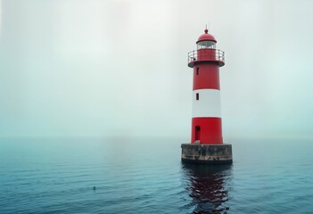 Lighthouse stands alone in foggy sea. Calm water reflects tower. Majestic architecture. Navigation tool in maritime world. Red, white stripes. Ocean view. Silent watch on waters. Seafaring history.