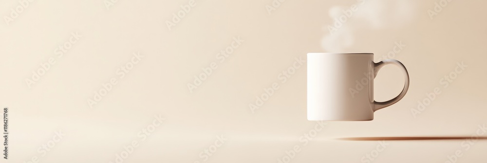 Poster capturing a minimalist still life, a steaming white mug floats gracefully against a soft beige backd