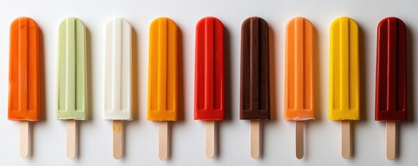 Obraz premium Vibrant popsicles in a spectrum of colors arranged neatly on a white background playful and bright aesthetic perfect for dessert advertising