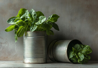 Two tin cans hold vibrant spinach plants, one upright and the other tipped over, revealing lush green leaves. This simple display highlights urban gardening in a cozy indoor setting