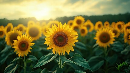 Fototapeta premium Sunlit sunflowers in a vast field at sunset.