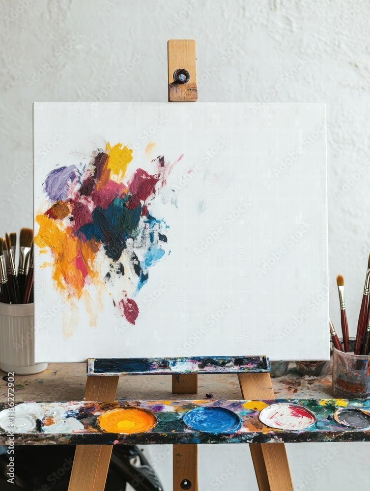 Poster Vibrant artistic workspace filled with colorful paints, brushes, and an easel for creative expression. Generative AI