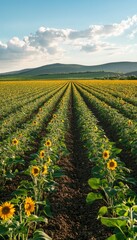 Sunflowers Field Rows Leading to Distant Hills
