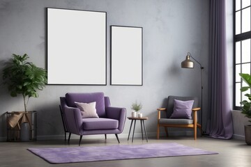 industrial cozy living room interior with blank poster frame on the wall, Gray-Purple armchair