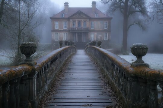 atmospheric wooden bridge leading to mysterious victorian house shrouded in morning mist with ancient trees creating enchanted forest scene