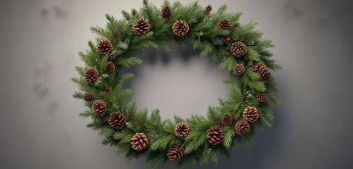 A festive holiday wreath made of evergreen and pinecones , evergreen, decorations, wintery