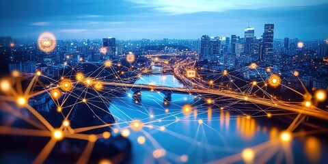 Fototapeta premium A city with glowing connections between buildings and bridges, representing the concept of smart cities in the urban landscape.
