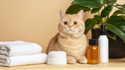 A charming cat sits next to towels and grooming products, surrounded by greenery, creating a serene and cozy atmosphere.