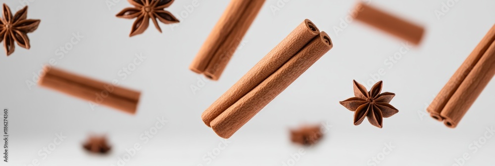 Poster cinnamon sticks and star anise are floating on a minimalist white background, creating a visually ap