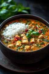 Spicy chicken curry, rice, basil garnish.