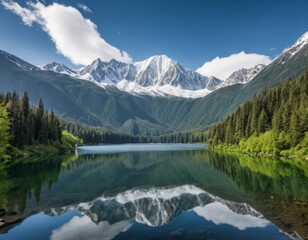 Fototapeta premium Serene Mountain Lake Reflection: Majestic Snow-Capped Peaks Mirror in Tranquil Waters