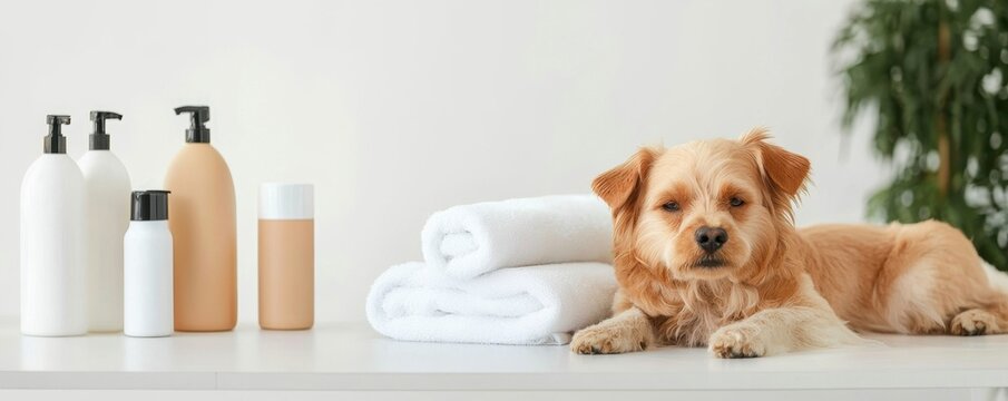A cozy dog rests beside grooming products and towels, creating a serene atmosphere for pet care and pampering.