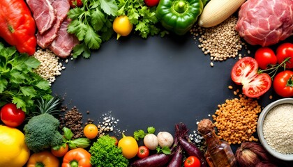 A vibrant food composition with fresh fruits, vegetables, meats, seafood, grains, and herbs arranged around a dark slate background.