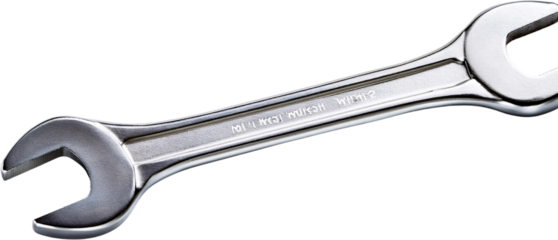 Shiny chrome open end wrench tool isolated transparent background close up view