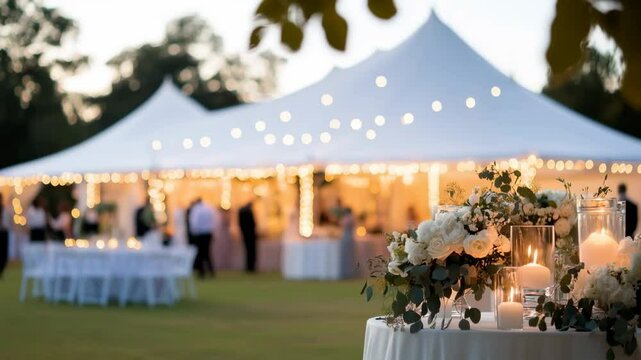 Elegant outdoor wedding celebration with beautifully decorated tent, romantic lights, and stunning floral decor for unforgettable event.
