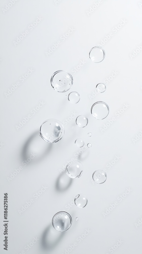 Poster transparent bubbles of varying sizes gracefully float against a clean white backdrop, their delicate