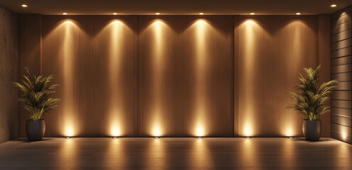 Warm minimalist interior with wooden walls, spotlights, and decorative potted plants