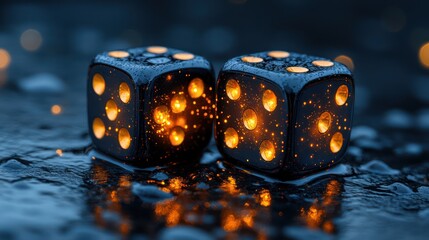 Glowing Dice in the Dark, Wet Surface, Abstract Photography