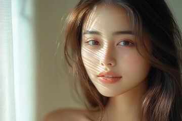 Naklejka premium beautiful asian woman with long silky hair using traditional wooden comb for morning hair care routine in natural sunlight through window, self-care moment