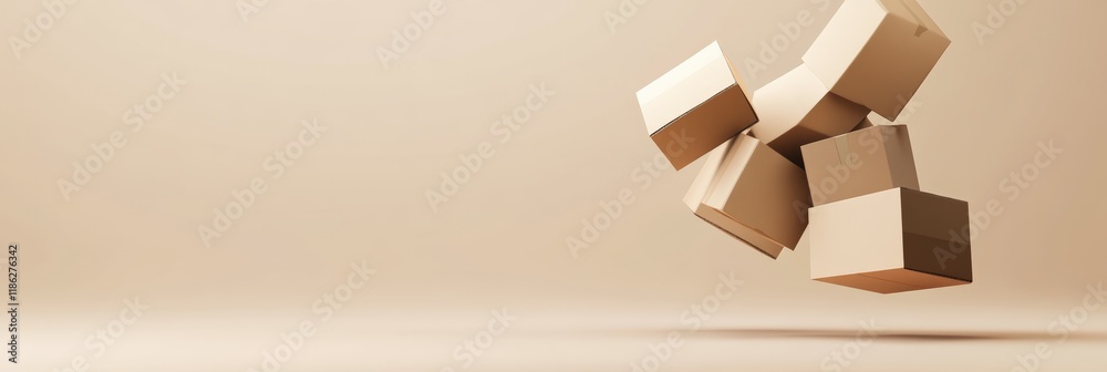 Poster Multiple closed cardboard boxes levitating on a simple beige background create a clean image ideal for shipping, delivery, and e commerce concepts
