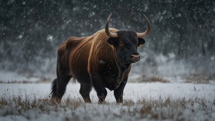 "A strong bull standing in a snowy meadow, its breath visible in the cold air. Snowflakes gently fall around it, and its dark fur contrasts beautifully with the white snow."
