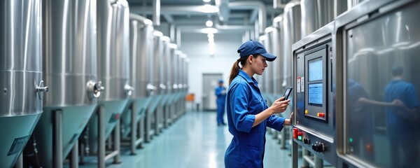 Female engineer in uniform checks process control panel in food factory. Uses tablet, controls automated production line. Steel tanker storage tanks in background. Modern tech equipment in food