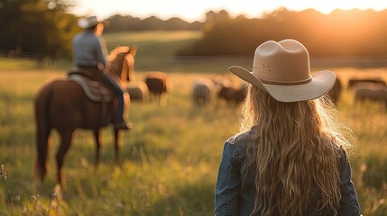 Woman in cowboy hat watching rancher on horseback.