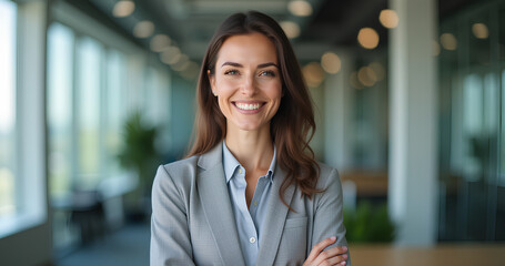 Beautiful business woman with crossed arms smiling at camera. European or latin confident mature good looking middle age leader female businesswoman on office background, copy space